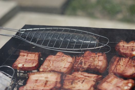 Barbecuing meat on charcoal fire closeup image.
