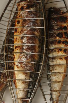 Barbecuing fish (mackerel) on charcoal fire closeup image.

