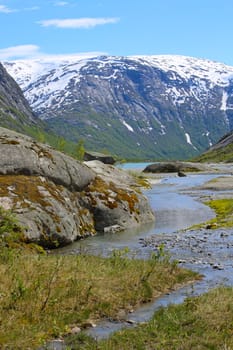 Mountain landscape with glacial river in Jostedalsbreen National Park, Briksdalen valley, Norway 