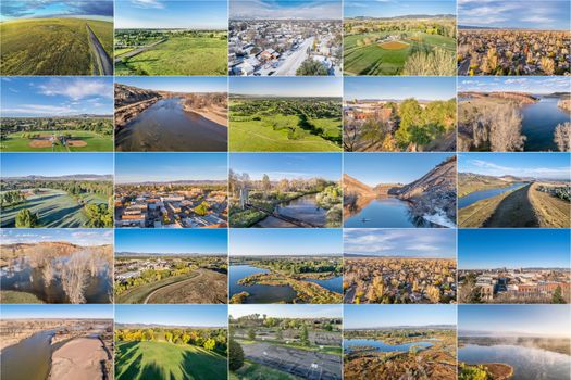 collection of aerial landscape pictures from Fort Collins and northern Colorado featuring city downtown, residential areas lakes and parks at different seasons