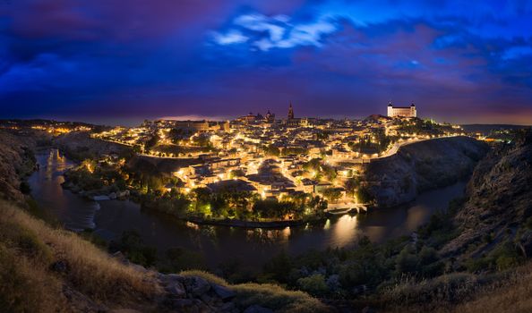 Toledo skyline after sunset, Castilla-La Mancha, Spain