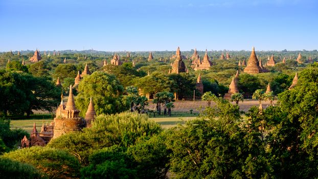 Colorful sunset landscape view with many old temples, Bagan, Myanmar (Burma)