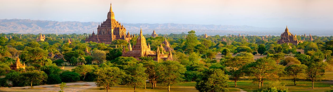 Panoramic landscape view of beautiful old temples in Bagan, Myanmar (Burma)