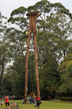 Sao Paulo, Brazil, July 18 2015: Unidentified people in artistic work of Eduardo Srur in Ibirapuera Park in Sao Paulo Brazil. 