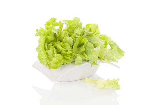 Fresh green salad in white bowl isolated on white background. Fresh healthy summer eating. Culinary arts. Modern minimal image language.