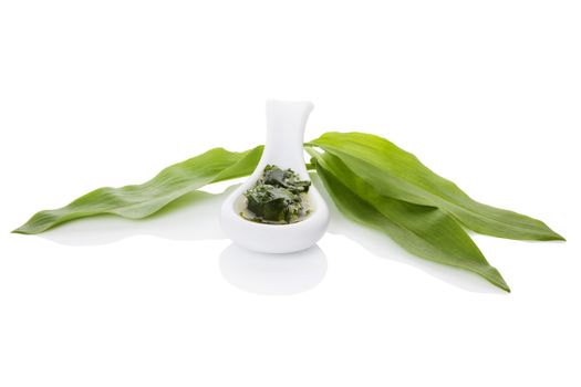 Green garlic pesto on white ceramic spoon with fresh wild garlic leaves isolated on white background. Healthy spring detox, minimal modern image style.