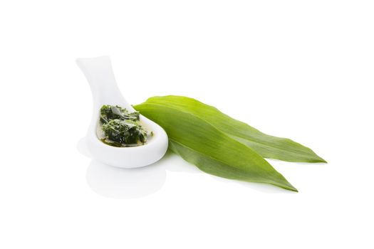 Green garlic pesto on white ceramic spoon with fresh wild garlic leaves isolated on white background. Healthy spring detox, minimal modern image style.