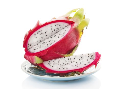 Delicious ripe dragon fruit isolated on white background. Tropical fruit, pitaya concept. Healthy eating. 