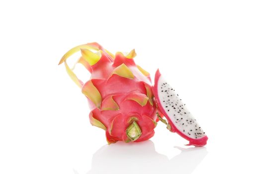 Delicious ripe dragon fruit isolated on white background. Tropical fruit, pitaya concept. Healthy eating. 