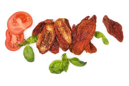 Sundried tomatos, fresh tomatoes and fresh basil herbs isolated on white background, top view. Culinary italian eating.