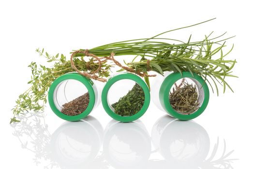 Fresh herbs and dried spices in glass jar. Chives, rosemary and thyme. Culinary herbs, modern minimal photoghraphy style.