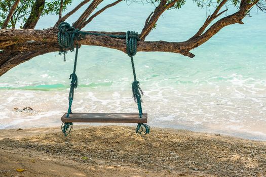 Wood swing on the beach under the tree