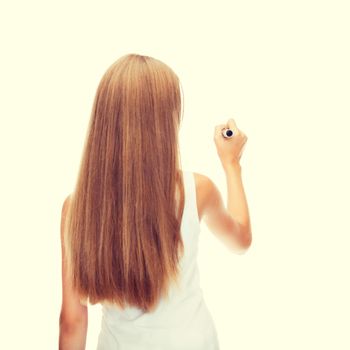 education, new technology and advertisement concept - teenage girl in white shirt from the back drawing or writing something in the air