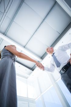 Low angle view of two smiling business people shaking hands