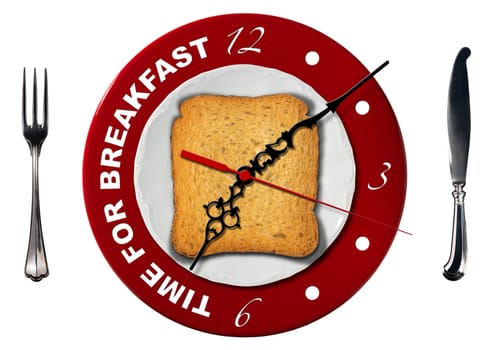 Clock composed by a white plate, red underplate and rusk with silver fork and knife isolated on white background. Text, Time for breakfast