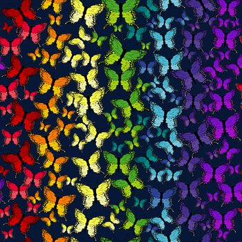 Rainbow butterflies seamless pattern over black background