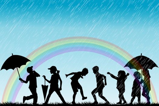 Illustration of children silhouettes enjoy the rain and rainbow