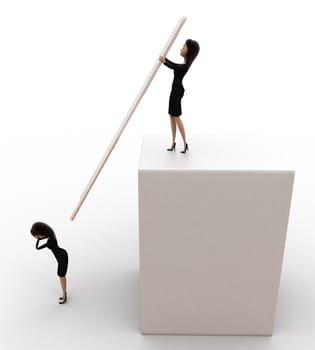 3d woman hit another woman with stairs from height concept on white background, rside angle view