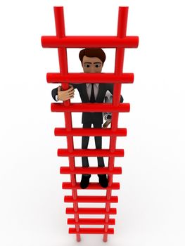 3d man climbing stairs with paper scroll concept on white background, front angle view