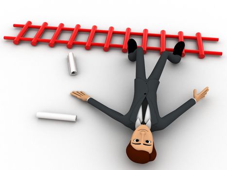 3d man fall from stairs with paper scrolls concept on white background, top angle view