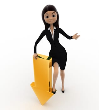 3d woman down golden arrow to represent donwload concept on white background, front angle view