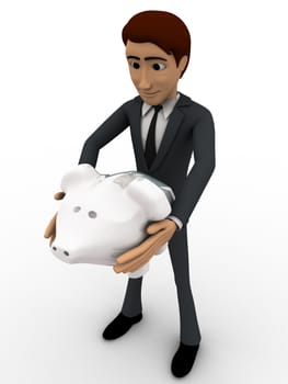 3d man holding piggybank in hand concept on white background, top angle view