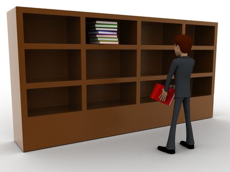 3d man taking book from book shelf concept on white background, front angle view