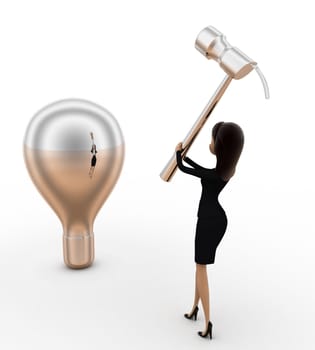 3d woman about hit silver bulb with big hammer concept on white background, back angle view