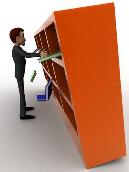 3d man under falling books and book shelf concept on white background, side angle view