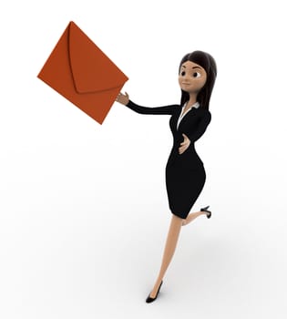 3d woman running after mail message concept on white background, front angle view