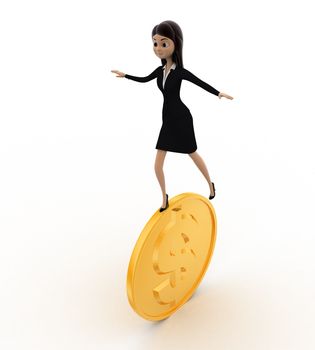 3d woman balancing and rolling on golden coin concept on white background, side angle view