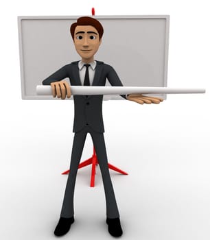 3d man with big stick in hand and presentation board concept on white background, front angle view