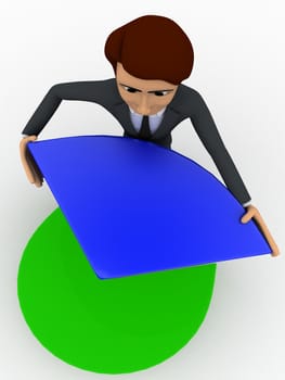 3d man holding small blue part of pie graph concept on white background, top angle view