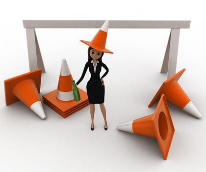 3d woman wear traffic cone as hat and with many traffic cone concept on white background, front angle view