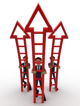 3d men ready climb up arrow stairs concept on white background, front angle view