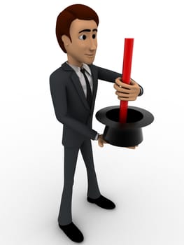 3d man doing magic with hat concept on white background, side angle view