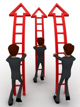 3d men ready climb up arrow stairs concept on white background, back angle view