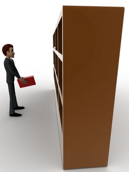 3d man taking book from book shelf concept on white background, side angle view