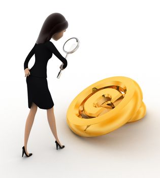 3d woman examine copyrights golden symbol concept on white background, back angle view