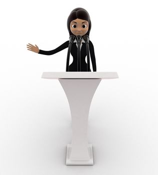 3d woman giving speech on stage concept on white background, front angle view