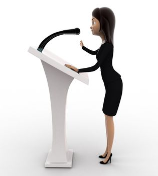 3d woman giving speech on stage concept on white background,side angle view