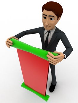 3d man with green and red paper scroll message concept on white background, side angle view
