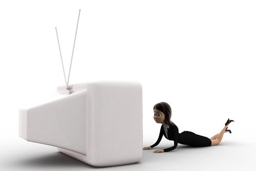 3d woman lying on floor and watching tv concept on white background, side angle view