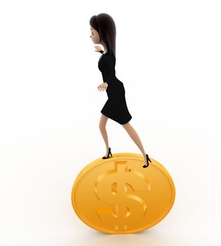 3d woman balancing and rolling on golden coin concept on white background,  side angle view