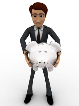 3d man holding piggybank in hand concept on white background, front side angle view