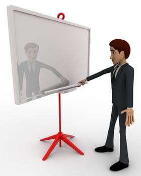 3d man with presentation board concept on white background, side angle view