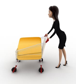 3d woman with shopping cart and cards concept on white background, side angle view