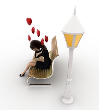3d woman sitting on batch and in love with hearts flying concept on white background, top angle view