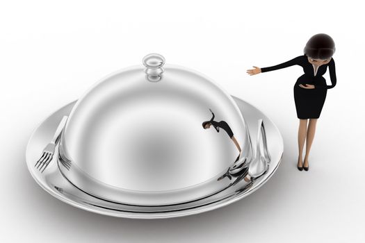 3d woman welcome and present big dish with food concept on white background, top angle view