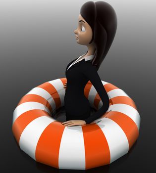 3d woman float with life saver floating tube concept on white background, side angle view